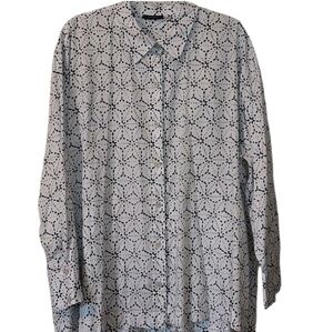 Natori Asagao Button Up Cotton Sateen Blouse White And Black XL NWOT
